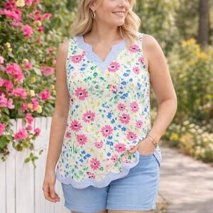 Crown & Ivy Sleeveless Floral Top Scalloped Hem Womens L Pink Blue Cotton